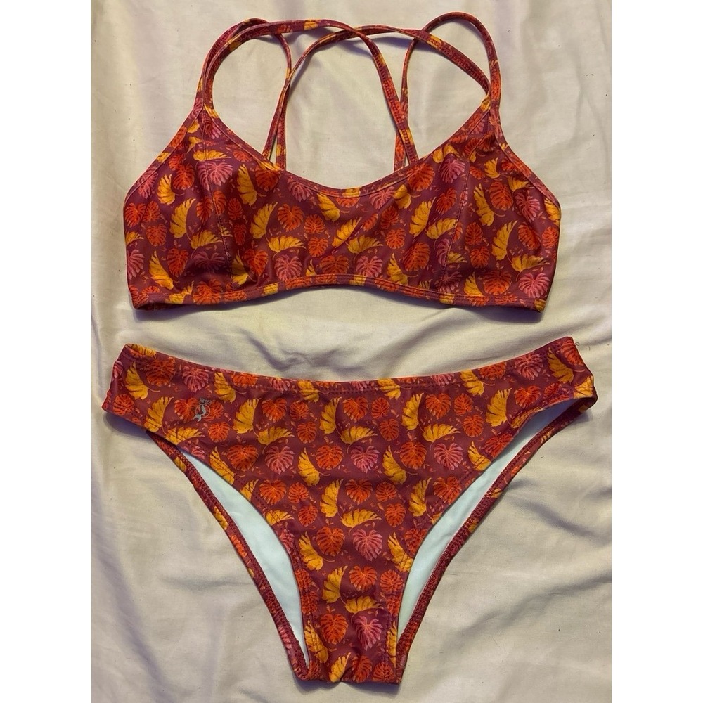 HipSea Women's Red & Orange Palm Leaf Print‎ 2pc Swimsuit Bikini, Large